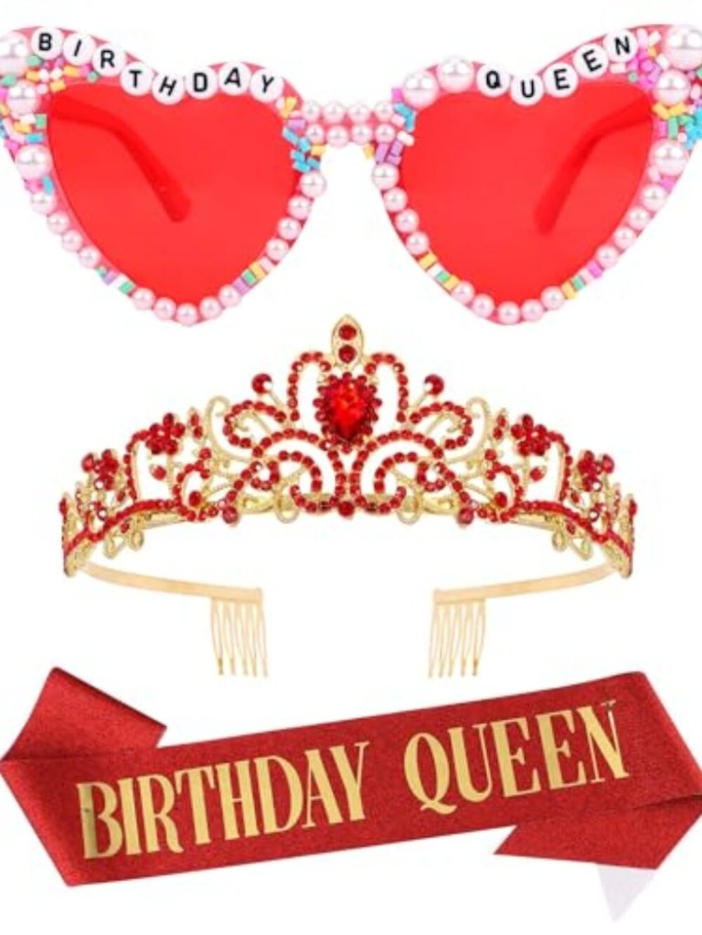 New - Red Birthday Queen Glasses, Birthday Queen Sash Tiara Crown for Women Girl
